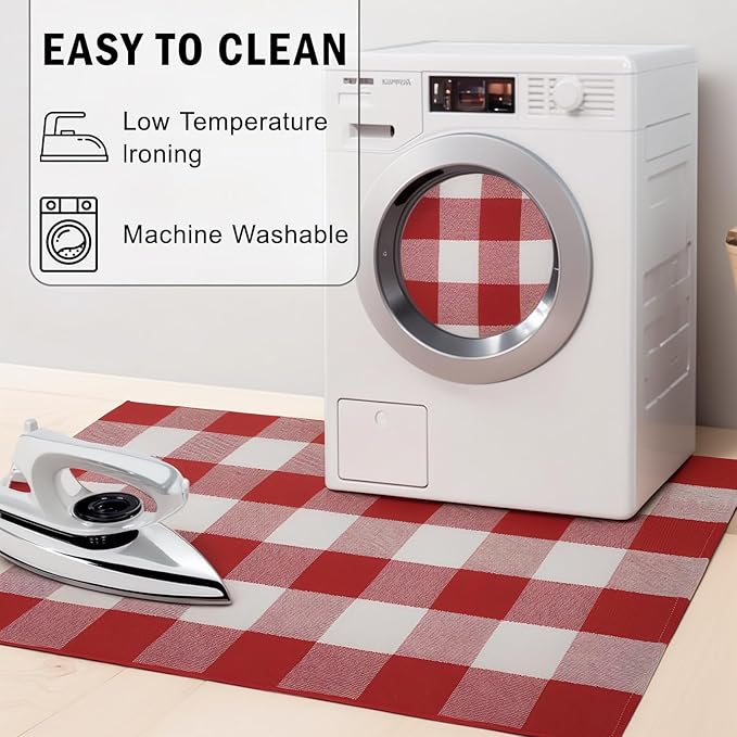 SEEKSEE Cotton Buffalo Plaid Rug 3'x5' Red and White Checked Rug Washable Doormats Indoor Outdoor Rugs for Layered Front Door Mats, Porch, Kitchen, Farmhouse, Entryway