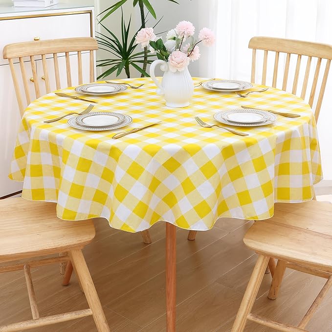 misaya Round Waterproof Vinyl Table Cloth, Buffalo Flannel Backed Tablecloth, Wipeable Plastic Table Cover for Dinner, Kitchen, Picnic (60", Yellow and White)