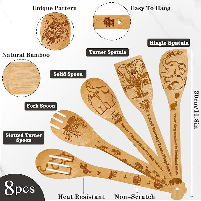 Elephant Gifts for Women,8pcs Elephants Bamboo Cooking Utensil Spoons with Apron Oven Mitt Potholder,Personalized Elefante Gift for Mom,Housewarming Kitchen Decor,Birthday Gifts (Black)