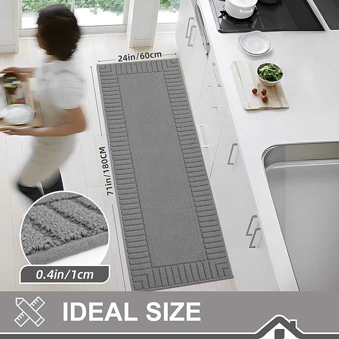 BEQHAUSE-Kitchen-Rugs-Washable-Kitchen-Mats-for-Floor Non-Slip Kitchen Mat Absorbent Kitchen Runner Rug with TPR Non Skid Backing,Grey, 24”x71”