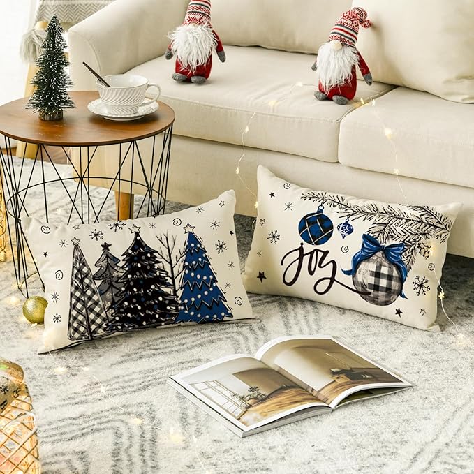 AVOIN colorlife Merry Christmas Joy Xmas Trees Blue and Black Throw Pillow Covers, 12 x 20 Inch Christmas Winter Holiday Cushion Case Decoration for Sofa Couch Set of 4