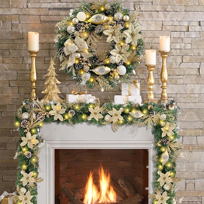 WANNA-CUL Pre-Lit 6 Feet/72 Inch Christmas Garland for Front Door with Lights Champagne Gold Christmas Mantel Garland Decoration with Ball Ornaments, Poinsettia Flowers,Ribbon,Battery Operated 30 LED