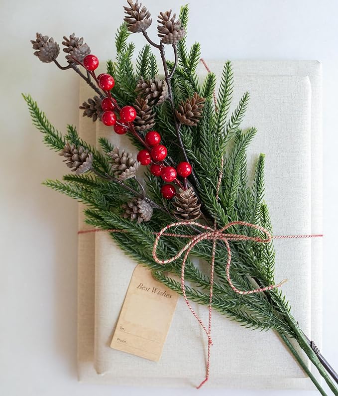 Artificial Christmas Norfolk Pine Stems Branches for Vases,17 Bundles Faux Pine Branches with Pinecones and Red Berries Branches,Fake Greenery Evergreen Real Touch for Holiday Winter Table Xmas Décor