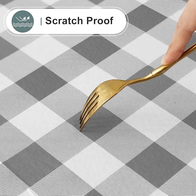 misaya Rectangle Waterproof Vinyl Table Cloth, Buffalo Flannel Backed Tablecloth, Wipeable Plastic Table Cover for Dinner, Kitchen, Outdoor (60" x 84", Grey and White)