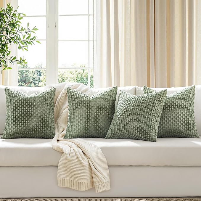 MIULEE Throw Pillow Covers Soft Couch Decorative Set of 4 Boho Striped Cushion Covers Corduroy Pillowcases Farmhouse Home Decor for Couch Bed Sofa Living Room 18x18 Inch Sage Green