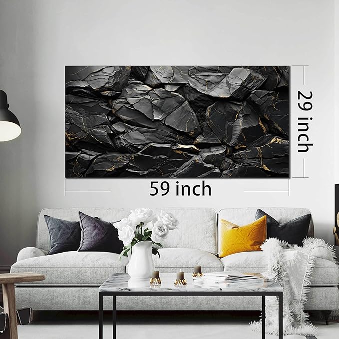 Black Stone with Golden Vein Canvas Wall Art for Living Room, Smooth Flat Rock Picture Wall-Decor for Bedroom, Canvas Printed Artwork Decoration for Office, Large Size 59x29 Inches (Not 3D or Textured)