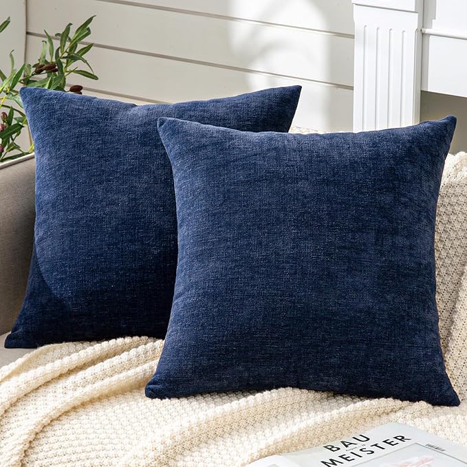 GAWAMAY Decorative Square Throw Pillow Covers 20"x20" Inch Set of 2, Super Soft Chenille Pillows Farmhouse Fall Pillowcase for Living Room Bedroom Sofa Couch Cushion Cover Navy Blue 50x50cm