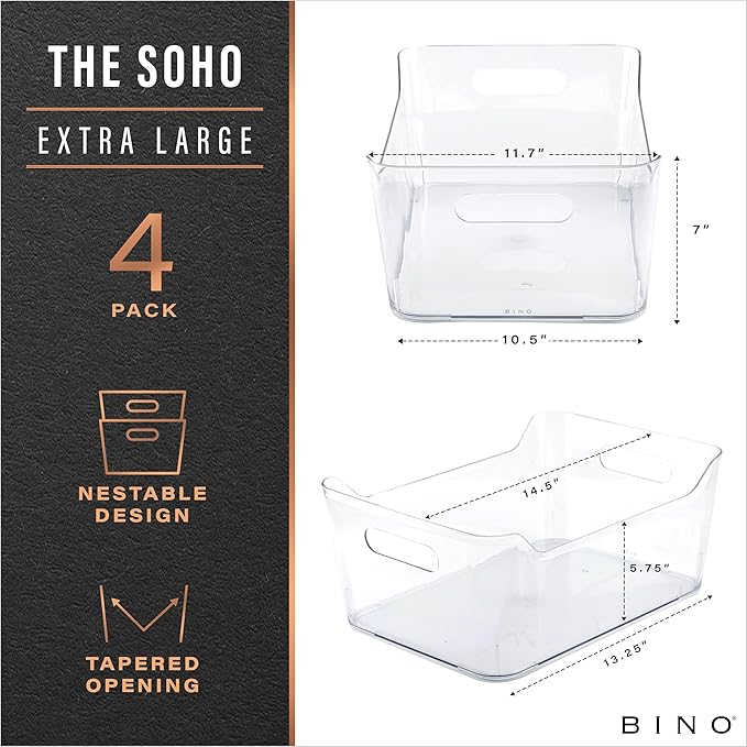 BINO | Plastic Organizer Bins, X-Large - 4 Pack | The SOHO Collection | Multi-Use Organizer Bins | Pantry & Freezer Bin | Plastic Storage Containers | Bin for Home & Kitchen Org