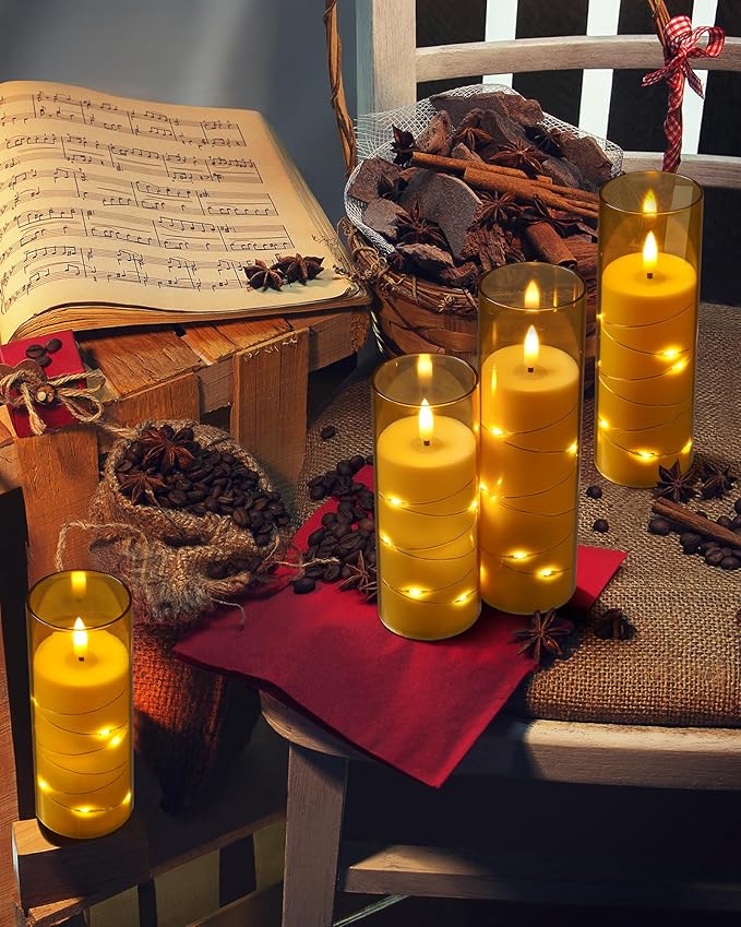 Da by Flameless Candle Light, Battery Candle with recessed String Lights, 5 flameless Candles with 11-Key Remote Control, 24-Hour Timer Function, Champagne Color