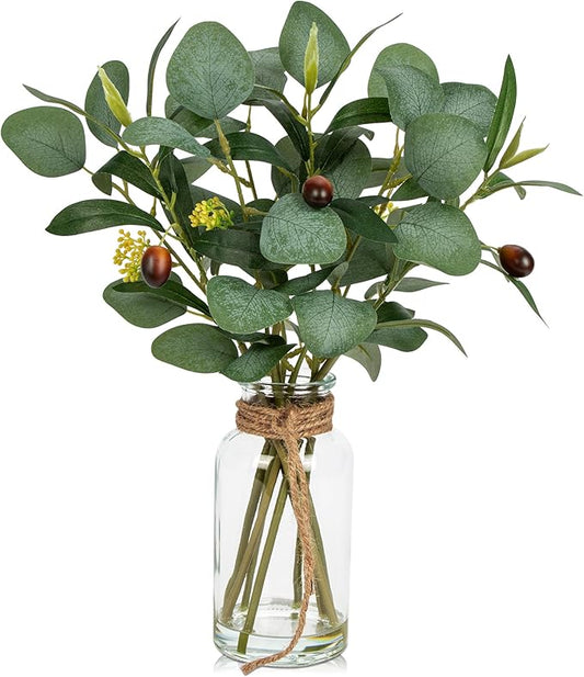 Briful Artificial Eucalyptus Stems in Glass Vase with Faux Water, 14" Fake Plant Olive Leaves for Home Office Farmhouse Wedding Centerpiece Décor