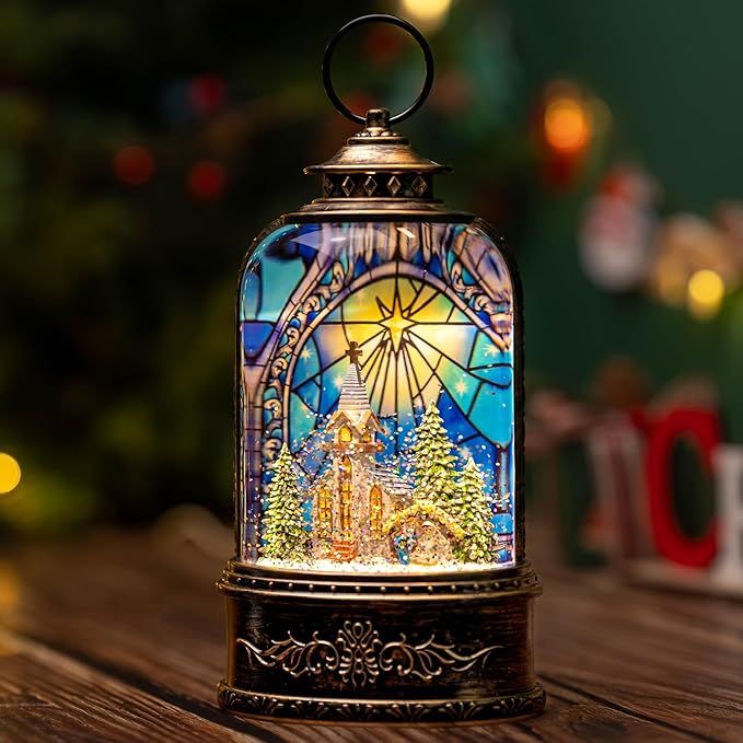 Christmas Snow Globe Lantern Water Glittering Churches & Holy Family with Music& Timer, USB Lined/Battery Operated Lighted Lantern for Christmas Festival Decoration Gifts