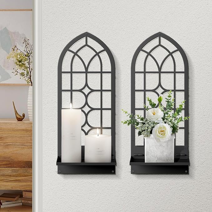 Wall Sconces Candle, Black Metal Wall Art Decor, Retro Line Wall Candle Holder for Living Room, Dining Room, Bedroom, Bathroom (16.5 x 7 in)