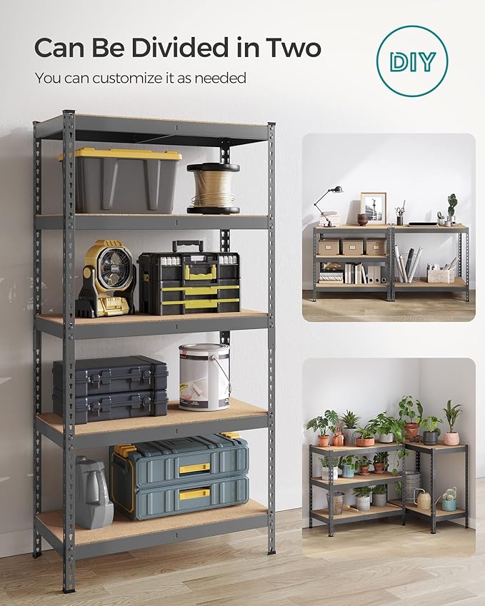 SONGMICS 5-Tier Storage Shelves, Load 2310 lb, Garage Storage, Boltless Assembly, Adjustable Shelving Unit, 17.7 x 35.4 x 70.9 Inches, for Study Shed Basement, Gray and Natural Beige UGLR450G01