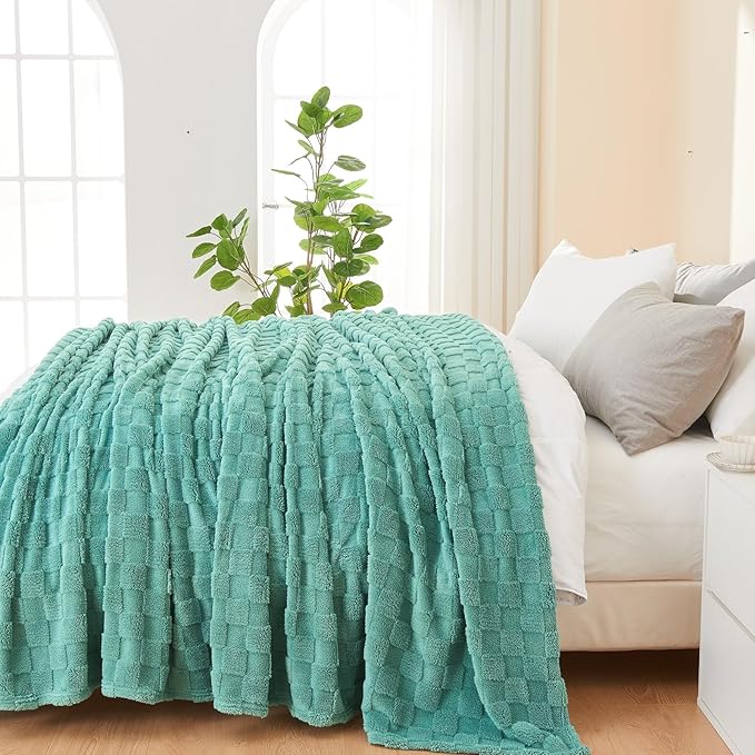 NEWCOSPLAY Super Soft Twin Blanket Mint Green Premium Silky Flannel Fleece 3D Checkered Lightweight Bed Blanket All Season Use (Mint Green Checkered, Twin(60"x80"))