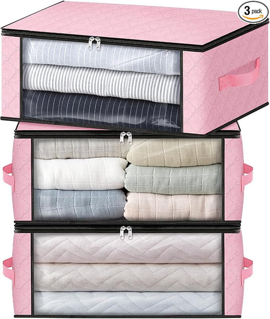 HomeHacks Storage 3-Pack Clothes Organizer Storage Bags Foldable Storage Box with Large Clear Window Sturdy Handles for Closet, Dorm, Pillows, Bedding, Clothes, Blankets, 35L, Pink