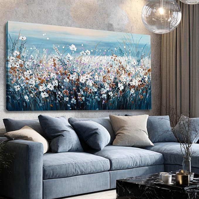 GAIDUOMAI Wildflowers Canvas Wall Art for Bedroom Blue Lake Wall Hanging Artwork Nature Colorful Wall Paintings for Living Room Dining Room 24"x48"