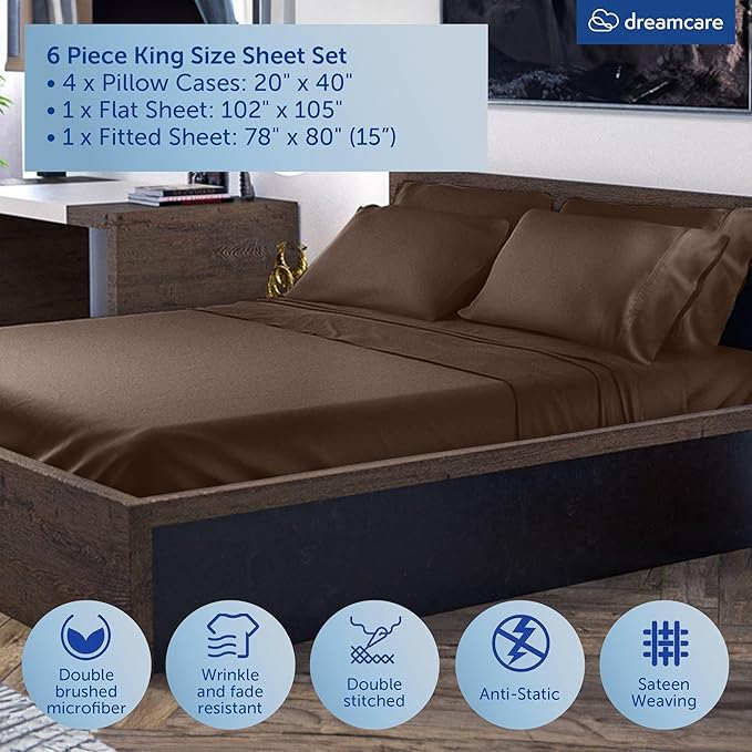 DREAMCARE King Size Sheets Set – 6 pcs Cooling Bed Sheets – up to 15” Deep Pocket King Sheet Set – 2500 Supreme Collection – Extra Soft 100% Brushed Microfiber Hotel Luxury with Side Pocket – M Brown