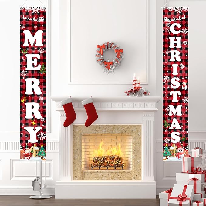 Christmas Decorations Red Black Buffalo Plaid Banner Xmas Porch Door Sign Welcome Banner for Wall Home Party Decor Merry Christmas Decorations Indoor Outdoor