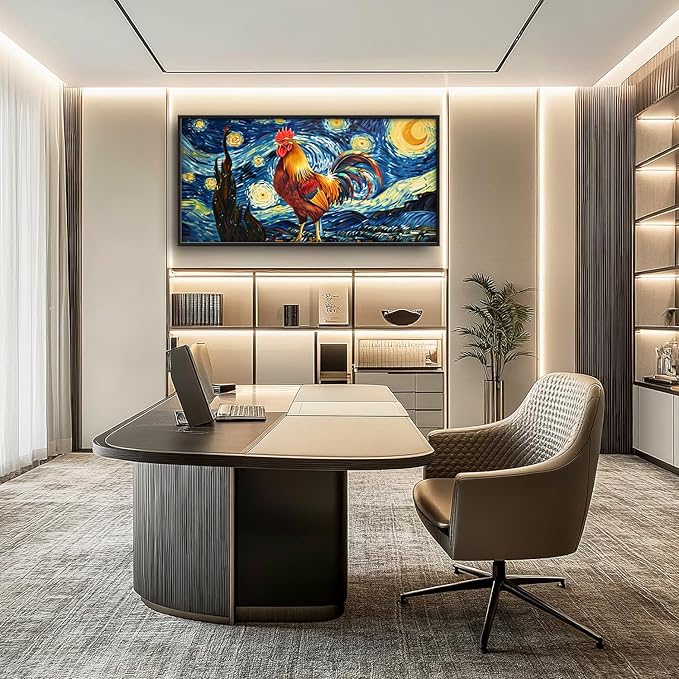 Flintis Large Rooster Wall Art Starry Sky Night Chicken Pictures Wall Decor Abstract Animal Canvas Painting Print Artwork Decoration Framed for Living Room Bathroom Master Bedroom Office 60L x 30W