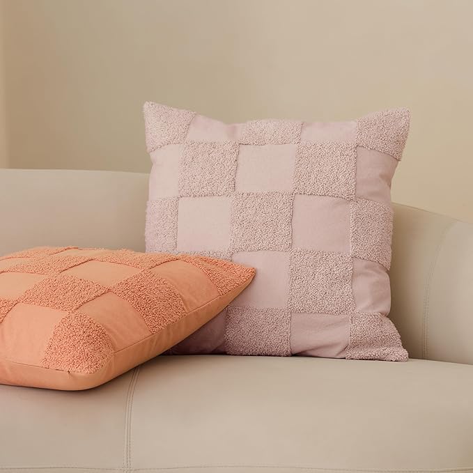 Double Stitch Checkered Throw Pillow Covers - 100% Cotton Tufted Boho Decorative Pillow Covers 20x20, Made in India, Square Cushion Case, Modern Home Decor for Couch, Sofa, Living Room, Pink Whisper