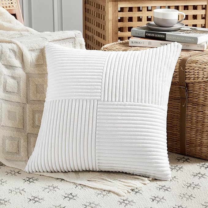 Fancy Homi 4 Packs Pure White Decorative Throw Pillow Covers 18x18 Inch for Living Room Couch Bed Sofa, Farmhouse Boho Home Decor, Soft Cross Corduroy Patchwork Textured Square Cushion Case 45x45 cm