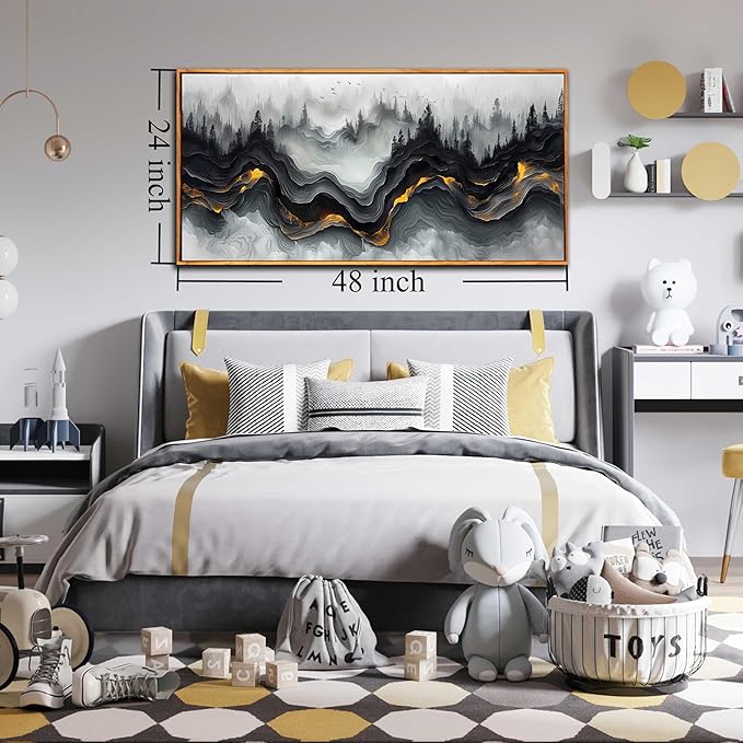 Ouzzlie Black and White Wall Art Forest Wall Decor Abstract Artwork Mountain Canvas Pictures for Living Room Bedroom 24" x 48"