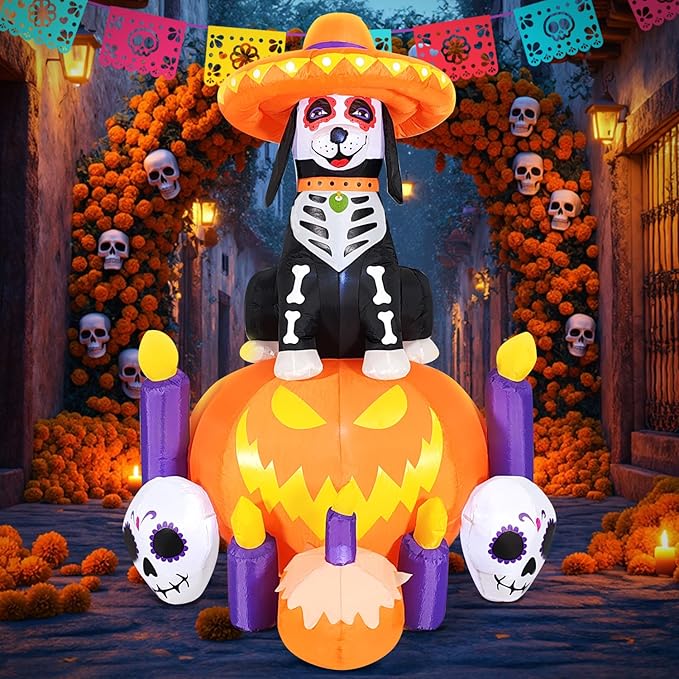 DomKom Halloween Inflatable Blow Up Decorations, Dia de Los Muertos 6FT Day of Dead Catrina Dog with Pumpkin and Candles, Built-in LEDs for Holiday Party, Garden, Lawn, Yard, Patio Décor