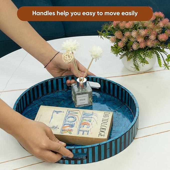 CLAYNIX Serving Tray 12.5 Inch, Lacquer Mother of Pearl Inlay Mosaic Tray, Round Wooden Marble Tray with Handles Trays for Tea, Breakfast (Dark Blue)