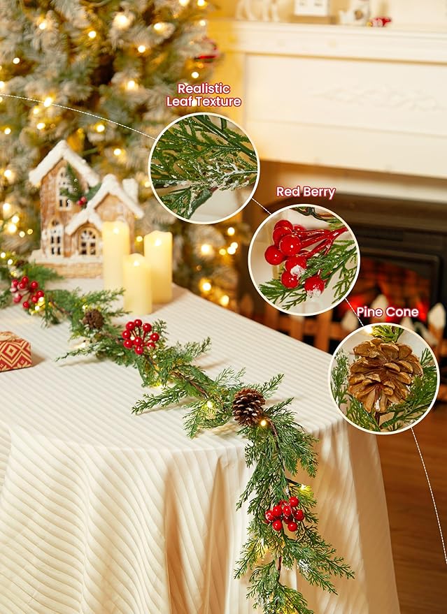 Brightown Christmas Garland with Lights, 6Ft 20 LED Lighted Cypress Leaves Garland Decorated with Pine Cones, Berry, Battery Operated Christmas Lights for Mantle Fireplace Stairs Wall Table, 2 Pack