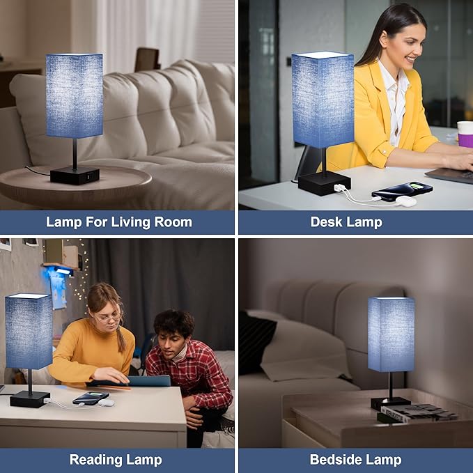 Sailstar Bedside Table Lamp for Bedroom Set of 2, 3 Way Dimmable Touch Lamp with USB C+A Charging Ports, Small Nightand Lamps for Bedroom Decor, Living Room, LED Bulbs Included, Upgraded Navy Blue