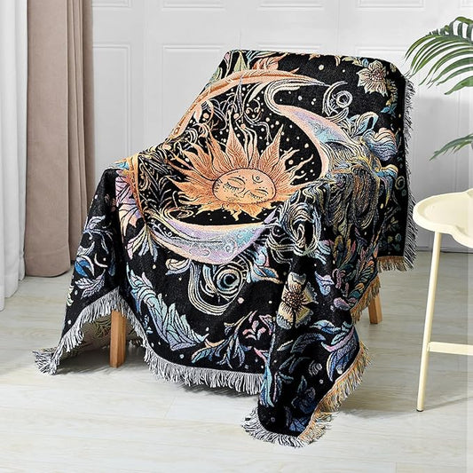 Boho Throw Blanket Reversible Cotton Bohemian Tapestry Hippie Room Decor Outdoor Blanket Double Sided (Boho Sun Black 50"x60")