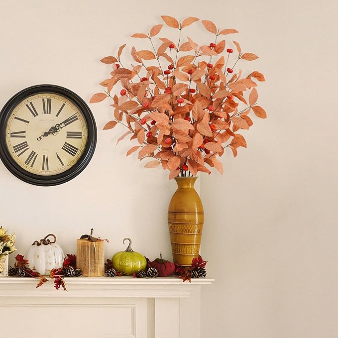 Uieke 8PCS Artificial Fall Eucalyptus Stems, 27.5inch Fall Flowers with Orange Red Pumpkin Berries Long Stems for Vase Home Wedding Florals Arrangement Autumn Thanksgiving Decor