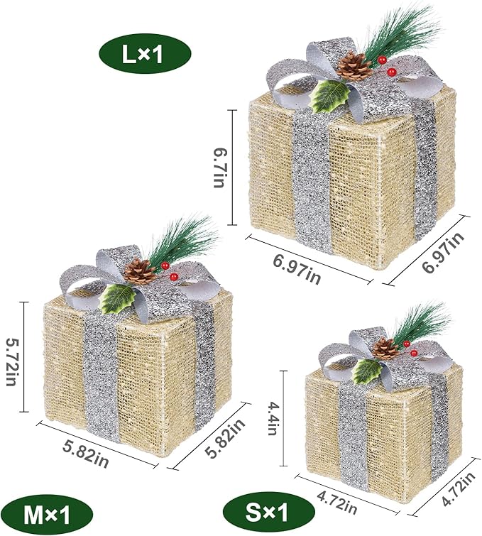 Christmas Lighted Gift Boxes, Pre-lit Lights Gold Linen Cloth Gift Boxes, Light up Present Boxes Set Battery Operated with Different Sizes for Holiday Indoor Outdoor Decorations (Gold Liene)