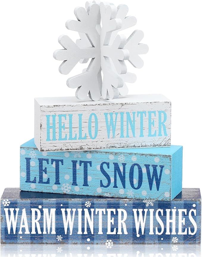 Geelin 4 Pieces Hello Winter Wooden Table Decorations Let It Snow Wooden Signs Rustic Snowflake Tiered Tray Decor Winter Wishes Tabletop Centerpieces for Home Desk Room Kitchen Shelf
