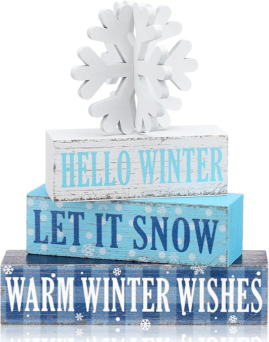 Geelin 4 Pieces Hello Winter Wooden Table Decorations Let It Snow Wooden Signs Rustic Snowflake Tiered Tray Decor Winter Wishes Tabletop Centerpieces for Home Desk Room Kitchen Shelf