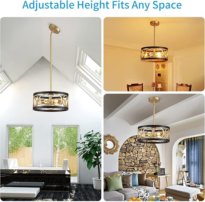 XINGQI 3-Light Modern Chandelier, 13" Pendant Light Height Adjustable Dining Room Light Fixtures for Bedroom Living Room Kitchen Metal Black and Gold
