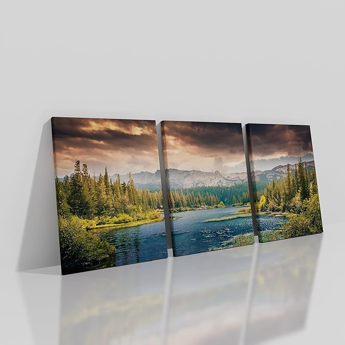 Lake Landscape Canvas Wall Art Poster Print White Clouds Forest Mountains HD Picture Painting Wall Decor Artwork for Modern Home Bedroom Bathroom Kitchen Wooden Framed Ready to Hang [36''W x 16''H]