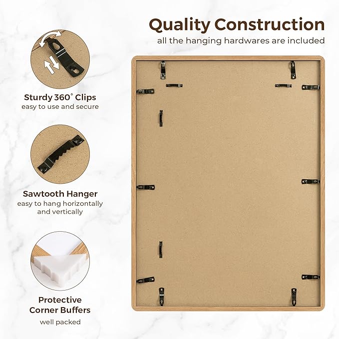 18x24 Picture Frame for Wall, 18 by 24 Wood Frame, Made of Solid Oak Wood & Tempered Glass, 18 x 24 Frame Matted to 16x20, Rustic 18 by 24 Poster Frame,18x24 Art Frames, Natural Oak Color, 1 Pack