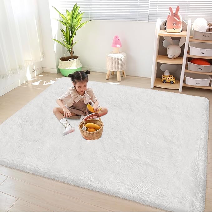 White Rug for Bedroom 4x6ft Fluffy Area Rug Mat Bedside Throw Rug for Living Room Kids Room Boys Teens Nursery Baby Dorm Office Home Decor Aesthetic Carpets