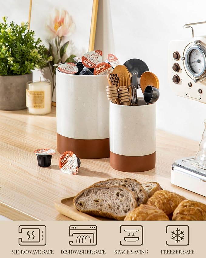 MALACASA Utensil Holder, 7.3"+5.5" Ceramic Kitchen Utensil Holder for Countertop, Large Cooking Utensil Crocks for Kitchen Counter, Farmhouse Utensils Organizer, Set of 2, Khaki White, Series TARA