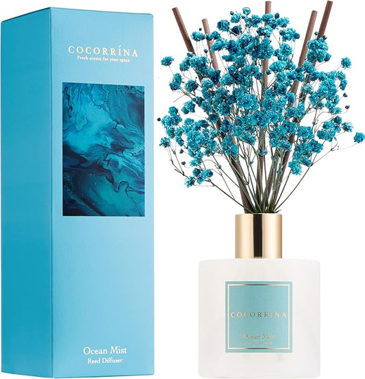 COCORRÍNA Reed Diffuser - Ocean Mist 6.7 Fl.oz Reed Diffuser Set with Sticks & Preserved Baby's Breath, Reed Diffuser for Home Bathroom Shelf Decor