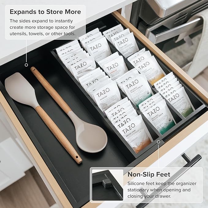 Tea Bag and Coffee Pod Kitchen Drawer Organizer, Expandable 9.7 to 17 Inches, 10 Storage Compartments, Adjustable Wall Inserts, Non-Slip Feet, Food-Safe Black Finish, 100% Bamboo Wood