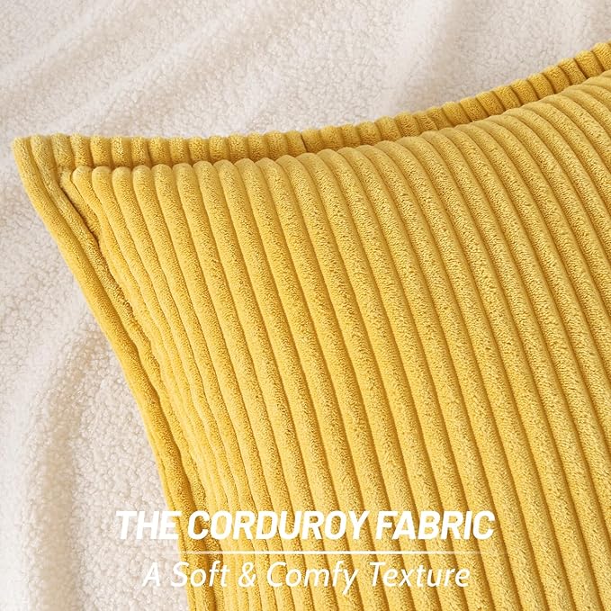 Mecatny Corduroy Throw Pillow Covers 24x24 Set of 2, Neutral Decorative Soft Boho Couch Pillow Covers with Broadside for Sofa Living Room, Mustard Yellow