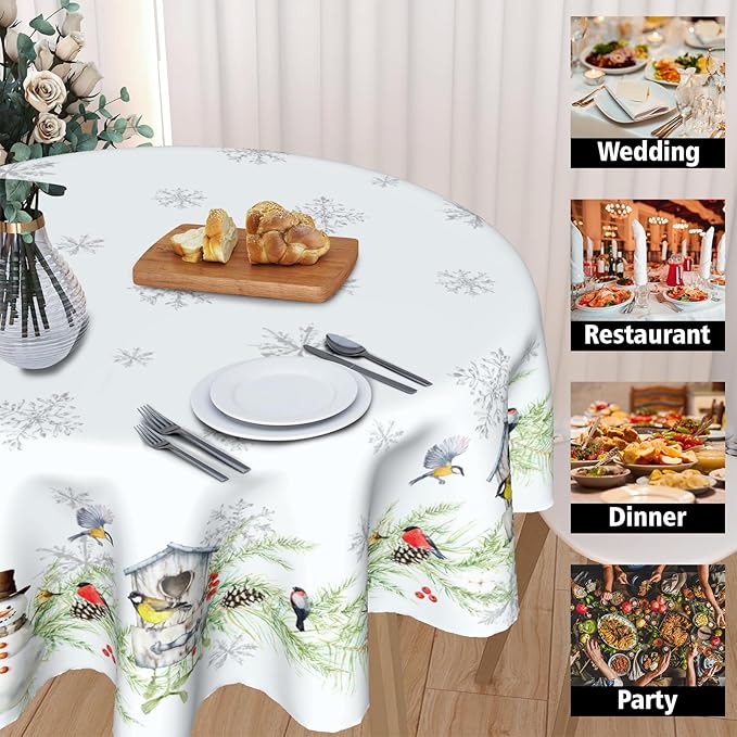 Winter Xmas Tablecloth White Winter Snowman Round Tablecloth 60inch Merry Christmas Tablecloth Round Winter Table Cloth Snowflake Table Cover for Home Kitchen Dinner Holiday Party Indoor Outdoor Decor