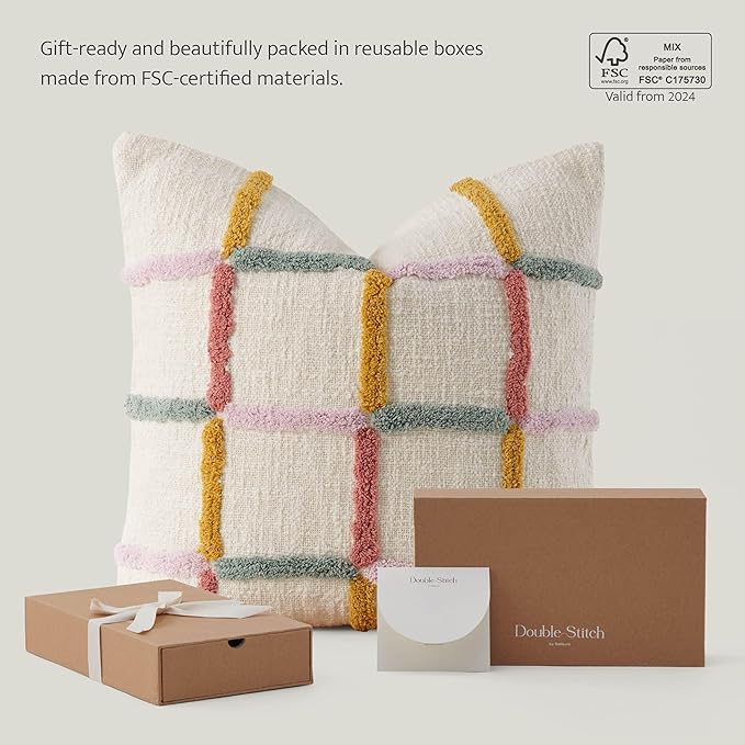 Double Stitch Checkered Throw Pillow Covers - 100% Cotton Tufted Boho Decorative Pillow Covers 20x20, Made in India, Square Plaid Cushion Case, Modern Home Decor for Couch, Sofa, Living Room, Multi