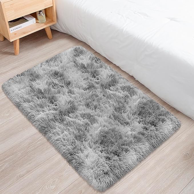 Small Area Rug for Bedroom 2x3ft Mini Tie Dye Grey Fluffy Rug Mat Bedside Throw Rug for Kids Room Boys Teens Nursery Baby Dorm Living Room Home Decor Rug