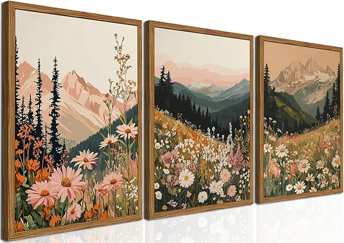 Framed Boho Colorful Wildflower Landscape Wall Art Set of 3, Vintage Floral Mountain Wall Decor Paintings, Nature Flower Pictures Canvas Prints for Living Room Bedroom Office 16x24 inch
