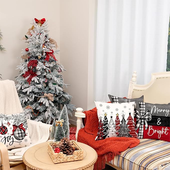 GEEORY Christmas Throw Pillow Covers 18 x 18 Inch Set of 4, Xmas Trees Merry and Bright Happy Holidays Farmhouse Decorative Cushion Cases for Home Decoration G418-18