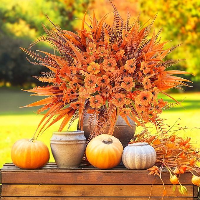 Faux Fall Flowers Outdoor, 16Pcs Artificial Fall Flowers UV Resistant Autumn Plastic Flowers Plants Fall Greenery Shrubs for Outside Porch Patio Garden House Thanksgiving Decor