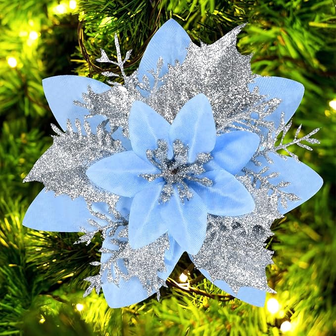 Christmas Poinsettia Artificial Flowers Decorations 5.5" Christmas Tree Wreaths Garland Decoration 12 Pcs Glitter Flowers Picks Decor for Xmas Wedding Party Ornaments (Light Blue)